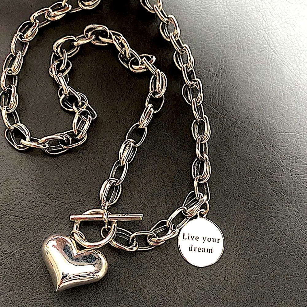Sterling Silver Heart Chain Link Charm Pendant Toggle Necklace - Picture 6 of 9